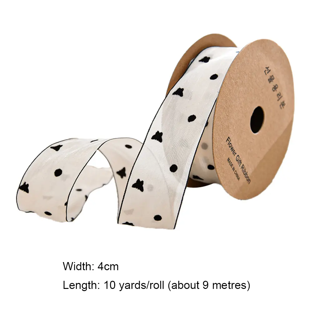 4cm 10Yards/Roll Flocking Print Ribbon Dot Flowers Bow Heart Chiffon Organza Ribbon For DIY Hair Bows Accessories Gift Packaging
