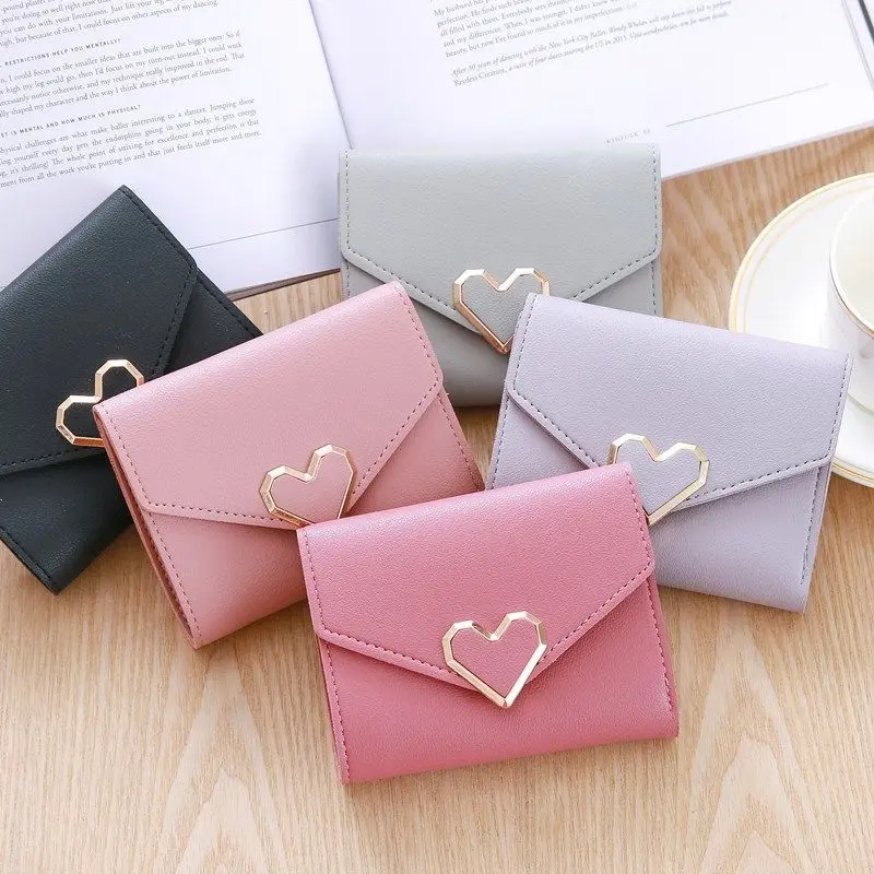 Women Heart Hasp Short Wallet Simple Multifunctional Folding Purse Card Holder Cute Fashion Clutch Bag Girls Money Bag