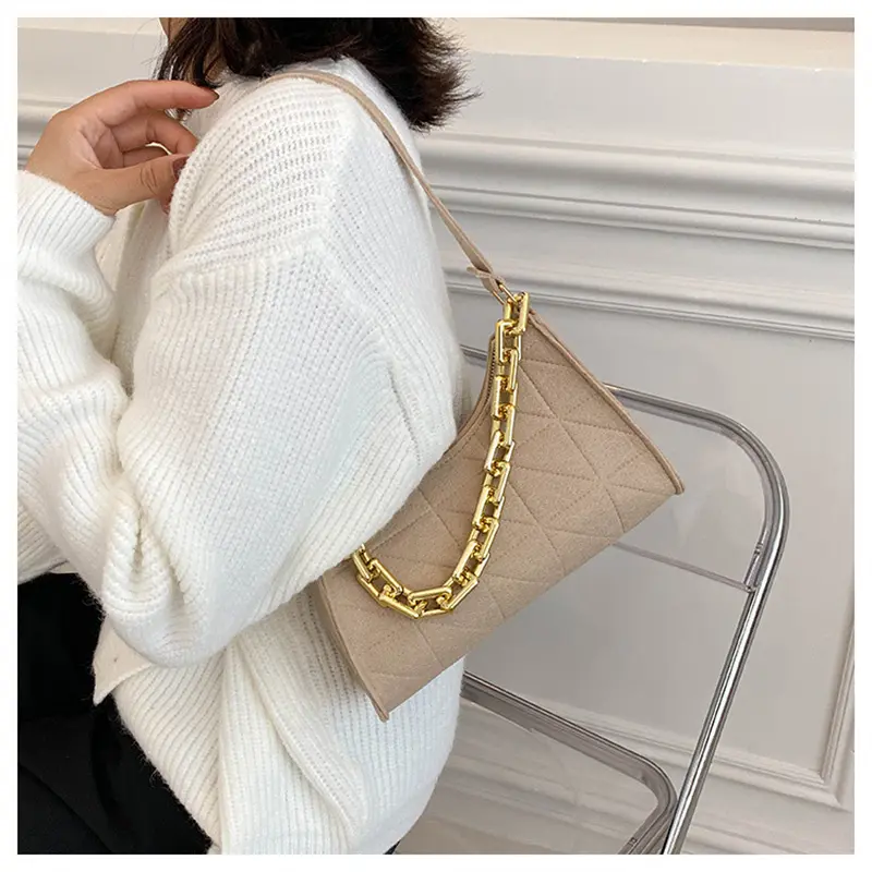 Fashion Women Chain Shoulder Underarm Bags Felt Pu Leather Simple Solid Color Casual Handbags Female Pouch Tote Crossbody Bag
