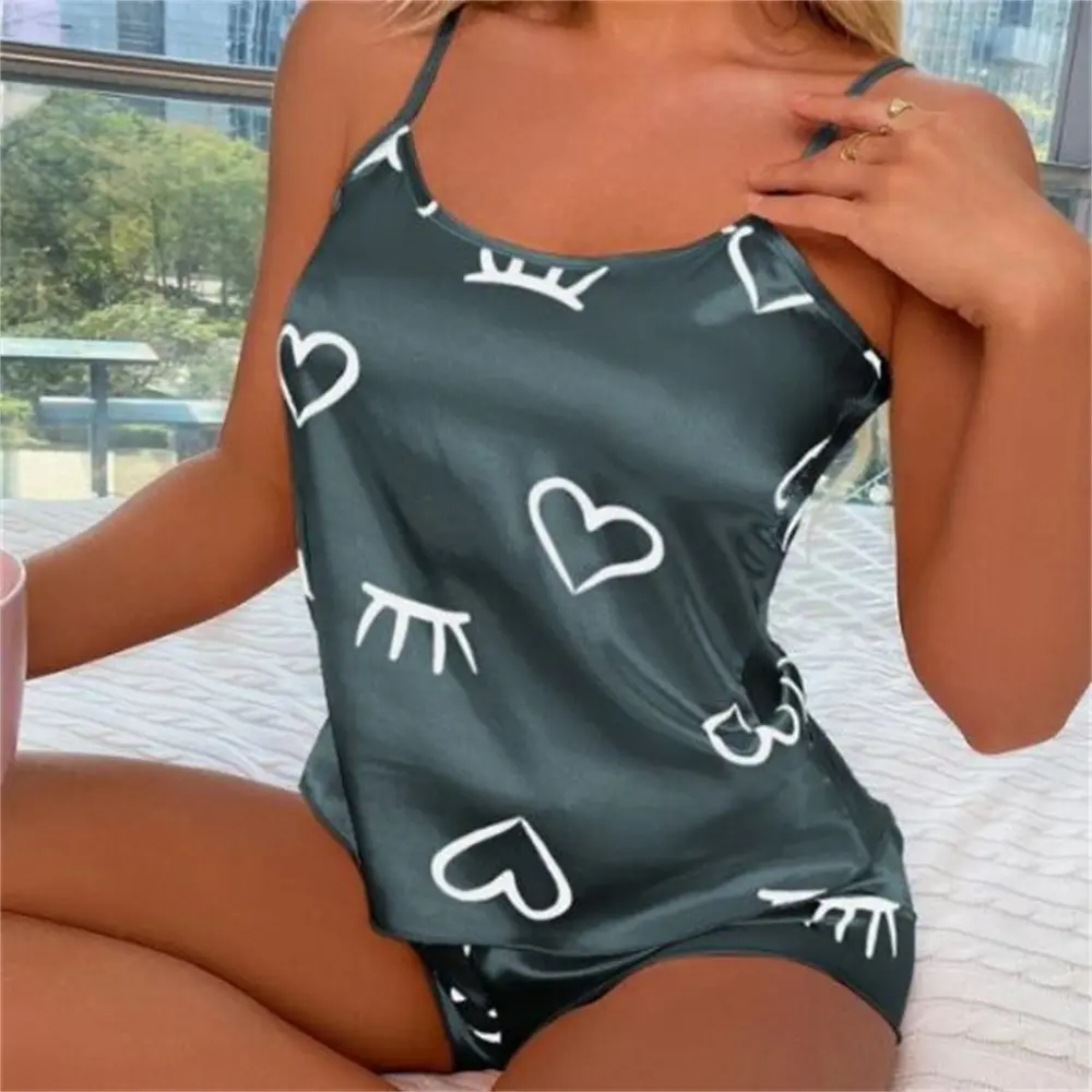 Women Pajama Set Sexy Heart Print 2 Pieces Sleepwear Pyjamas Silk Satin Top And Shorts Nightwear Suits Sleeveless Underwear Tops