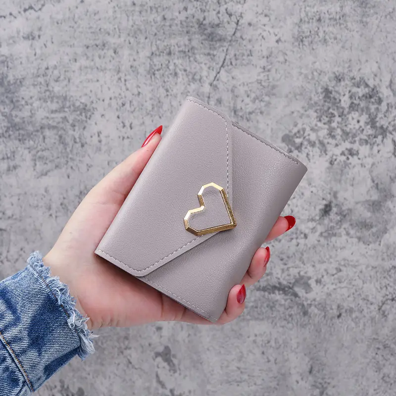 Women Heart Hasp Short Wallet Simple Multifunctional Folding Purse Card Holder Cute Fashion Clutch Bag Girls Money Bag