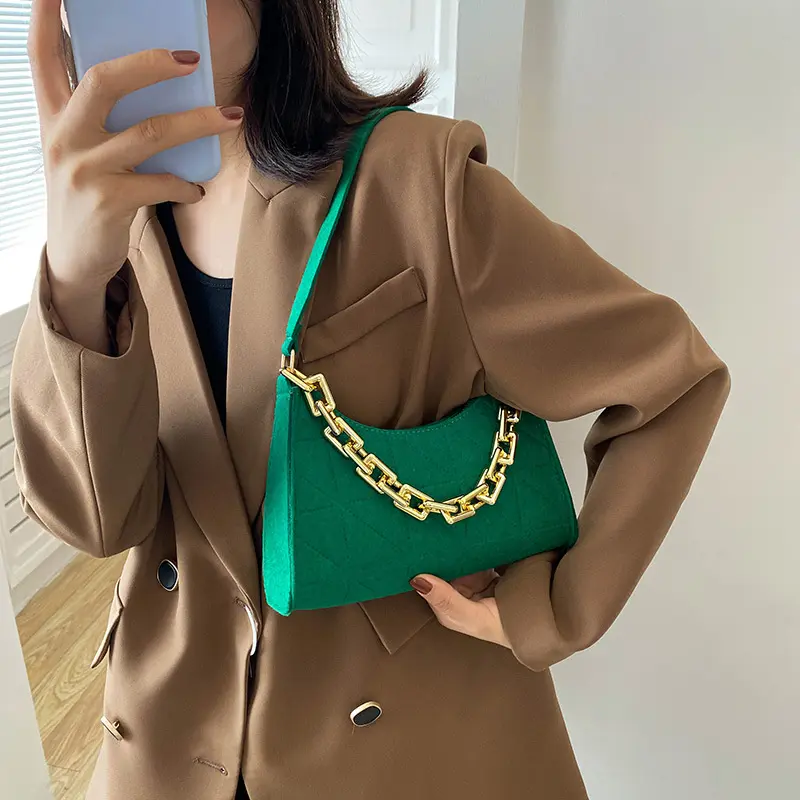 Fashion Women Chain Shoulder Underarm Bags Felt Pu Leather Simple Solid Color Casual Handbags Female Pouch Tote Crossbody Bag