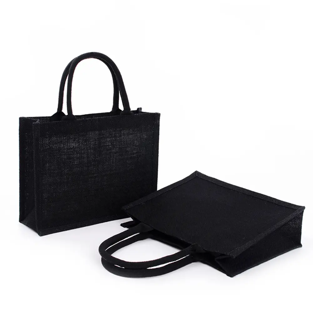 High Quality Large Black Burlap Tote Bag Shopping Bag Portable Eco-Friendly Reusable Tote Bag Unisex Student Burlap Handbag