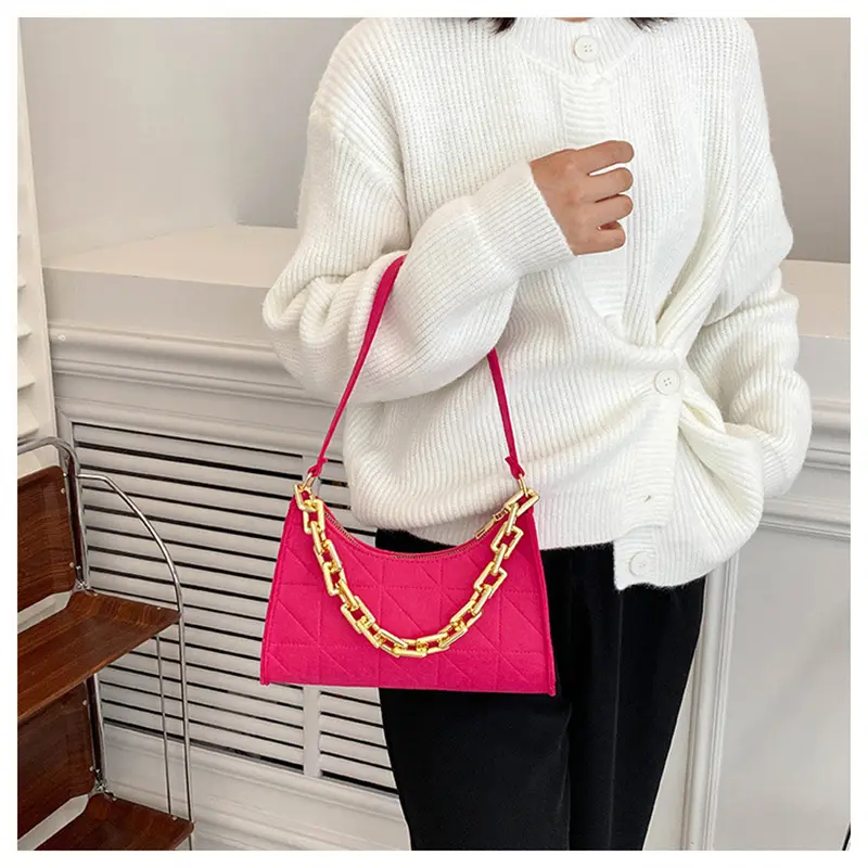 Fashion Women Chain Shoulder Underarm Bags Felt Pu Leather Simple Solid Color Casual Handbags Female Pouch Tote Crossbody Bag