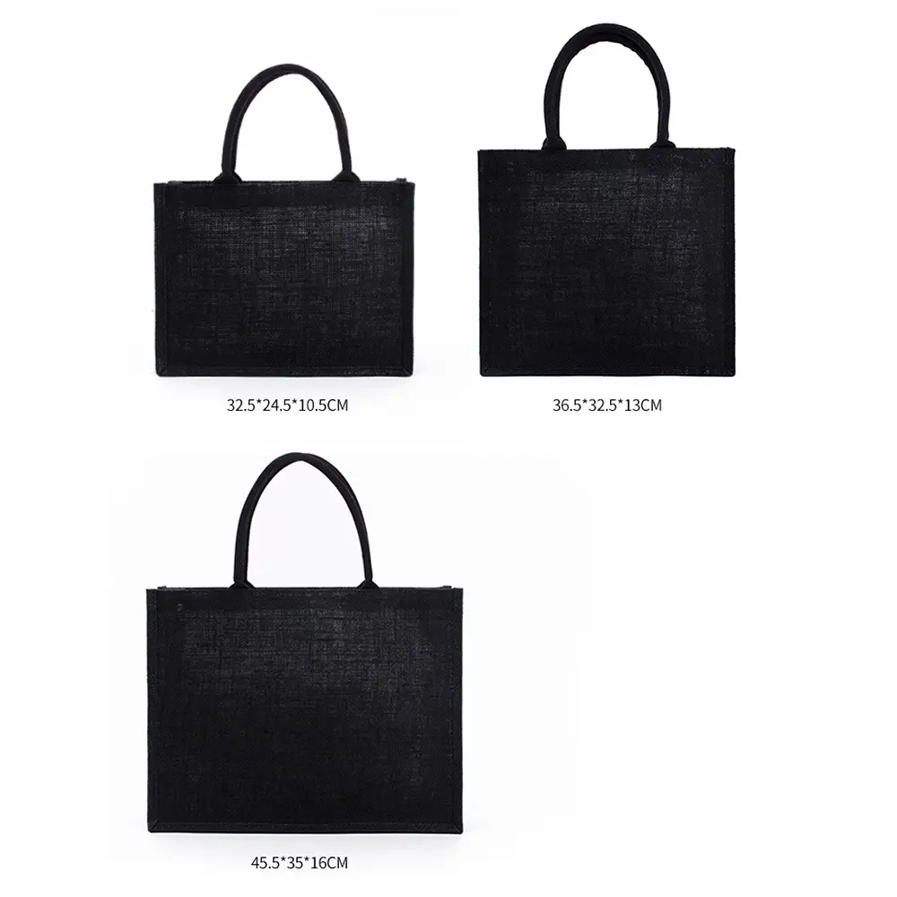 High Quality Large Black Burlap Tote Bag Shopping Bag Portable Eco-Friendly Reusable Tote Bag Unisex Student Burlap Handbag