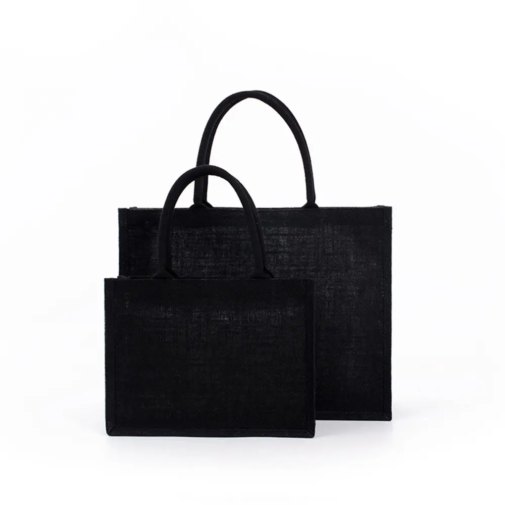 High Quality Large Black Burlap Tote Bag Shopping Bag Portable Eco-Friendly Reusable Tote Bag Unisex Student Burlap Handbag