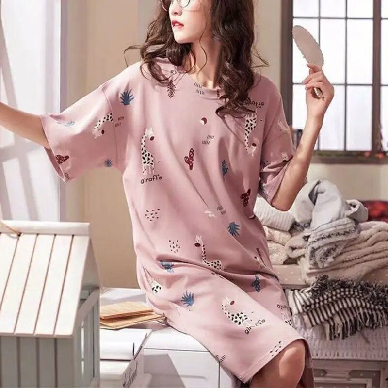 New Womens Nightshirt Night Dress Cartoon Sleepwear Ladies Short Sleeve Soft Comfortable Nightwear Print Pyjama Dress