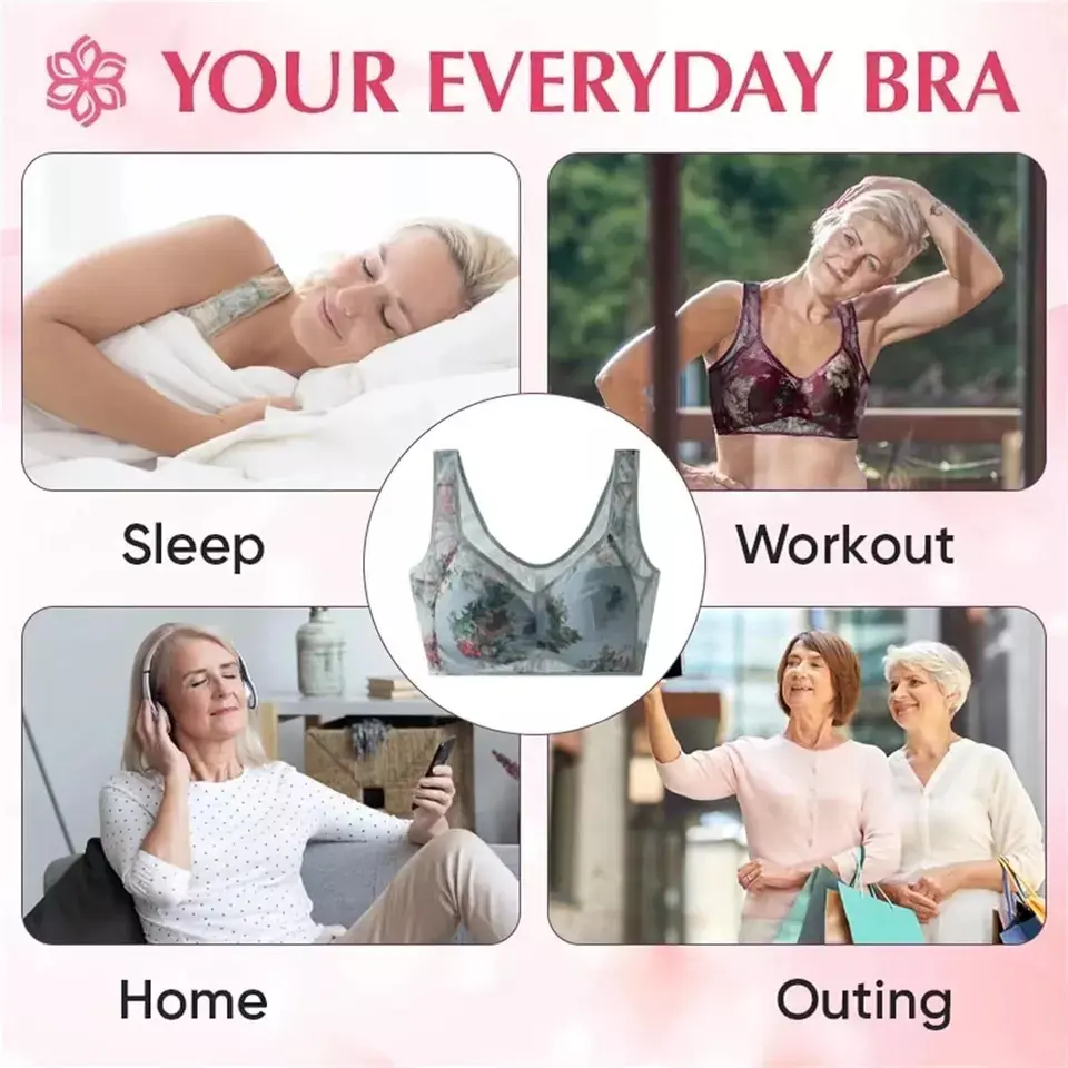 Women New Ice Silk Lace Cooling Comfort Bra Lace Buttonless Comfortable Bra Push Up Bra Running Shock-Absorbing Sports Fixed Cup
