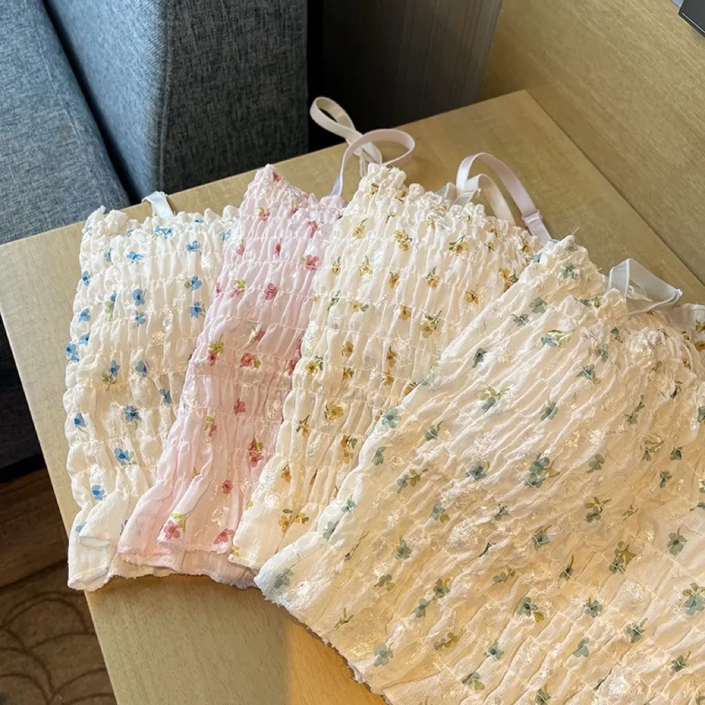 Floral Printed Camisole Woman Summer Sweet Spaghetti Strap Tank Top Female with Built In Bra Corset Women Vest with Padded