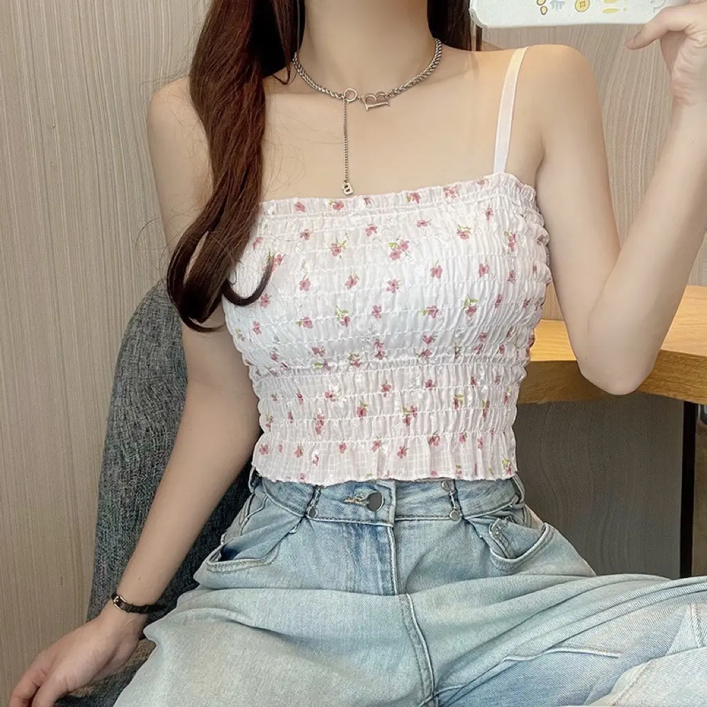 Floral Printed Camisole Woman Summer Sweet Spaghetti Strap Tank Top Female with Built In Bra Corset Women Vest with Padded