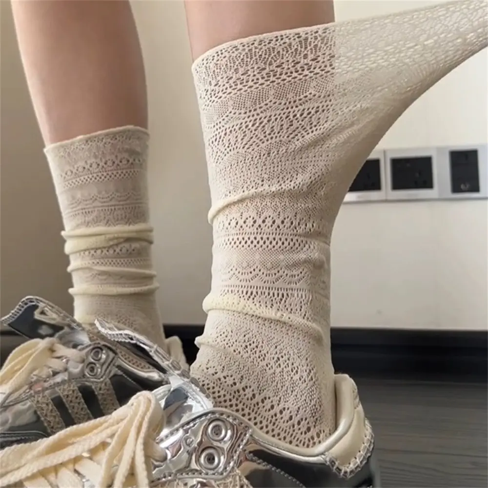 New Lolita Sweet Hollow Socks Women's Summer Mesh Long Socks Thin Nylon Silk Flower Lace Socks Ladies Girls Mid Iength Socks