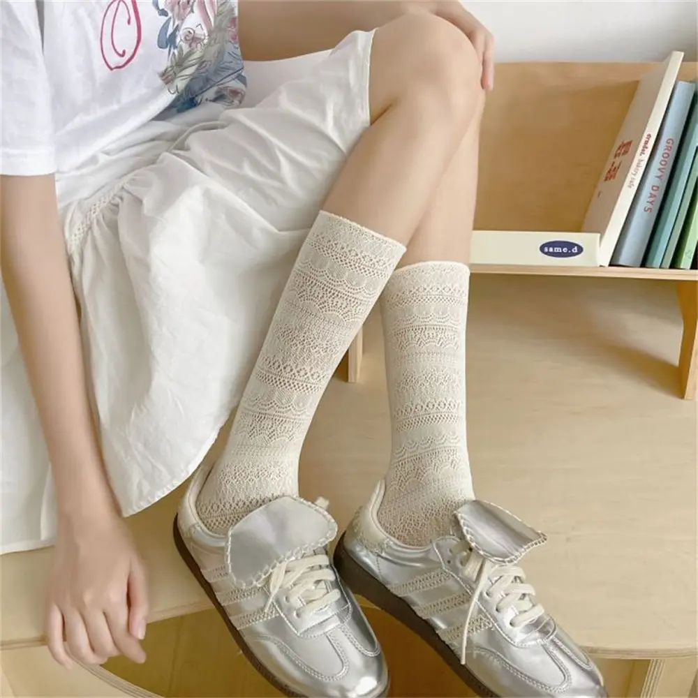 New Lolita Sweet Hollow Socks Women's Summer Mesh Long Socks Thin Nylon Silk Flower Lace Socks Ladies Girls Mid Iength Socks