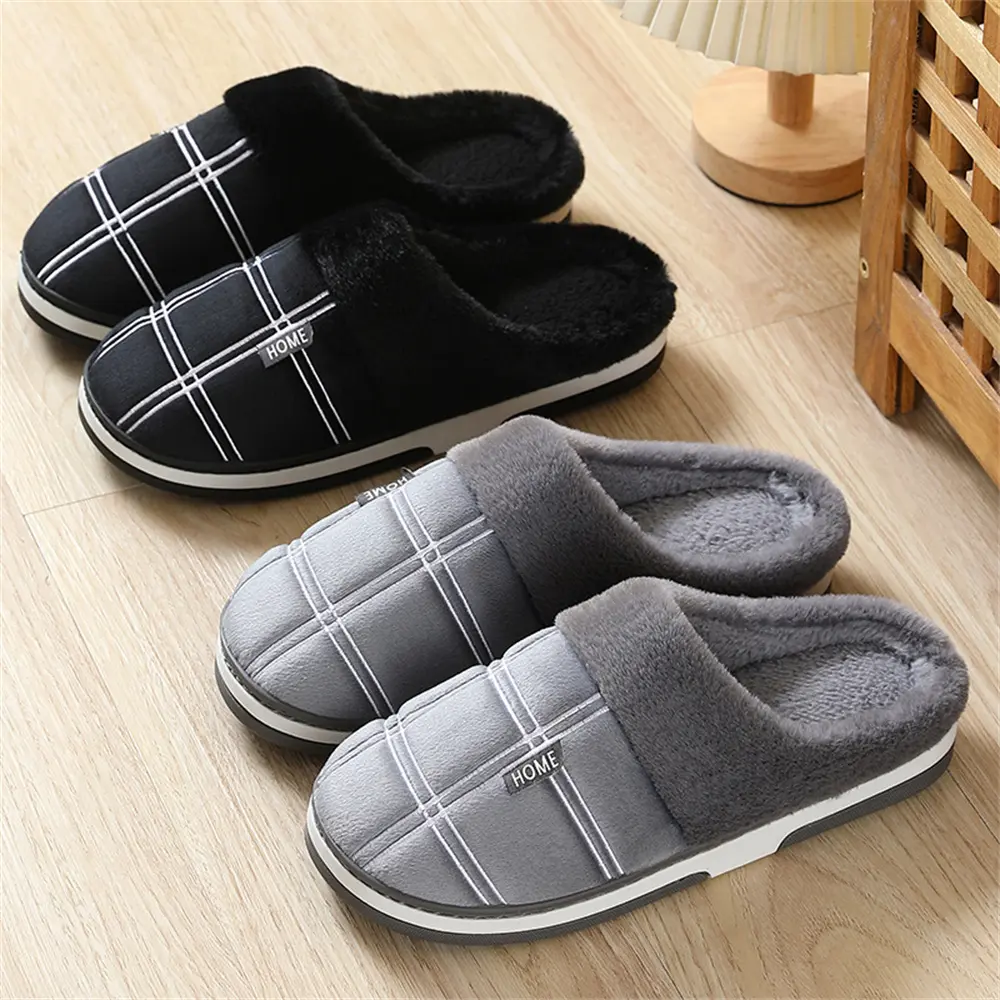 Large Size Men's Plaid Home Slippers Memory Foam Winter Warm Plush Indoor Non-slip Floor Slides Fashion Cotton Couple Slippers