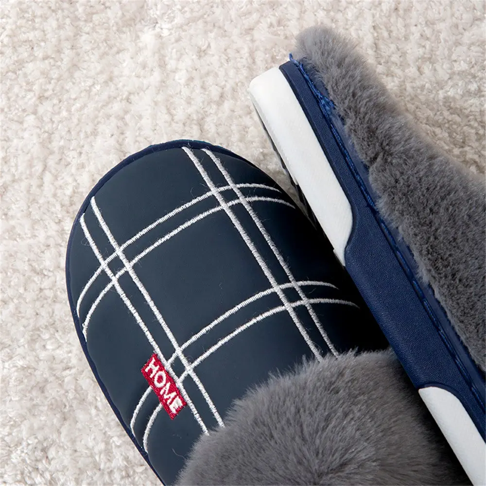 Large Size Men's Plaid Home Slippers Memory Foam Winter Warm Plush Indoor Non-slip Floor Slides Fashion Cotton Couple Slippers