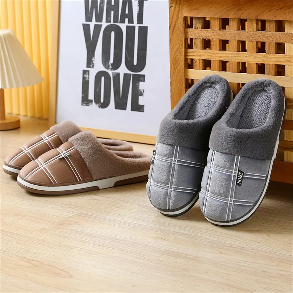 Large Size Men's Plaid Home Slippers Memory Foam Winter Warm Plush Indoor Non-slip Floor Slides Fashion Cotton Couple Slippers
