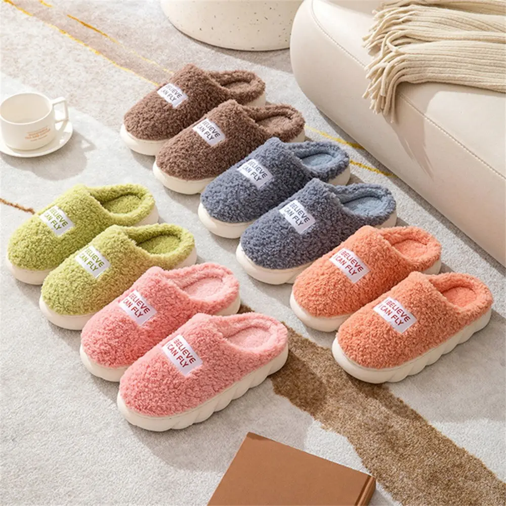 Women Winter Warm Home Slippers Men Indoor Outside Thicken Slides Plush High Heels Fur Cotton Shoes Ladies Soft Couples Slipper