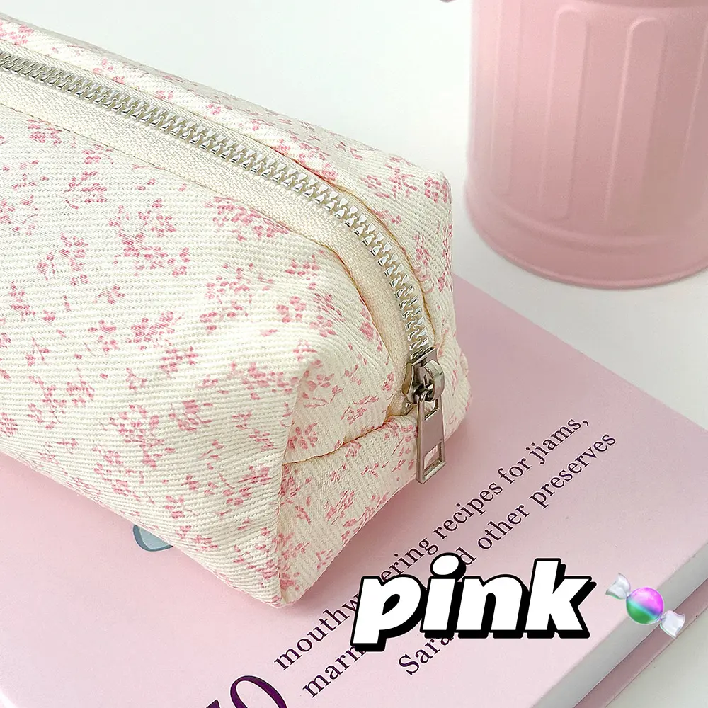 New Brand Beauty Ins Simple Pink Floral Pen Bag Cute And Fresh Canvas Stationery Large Capacity Storage Bag Make Up Accessories