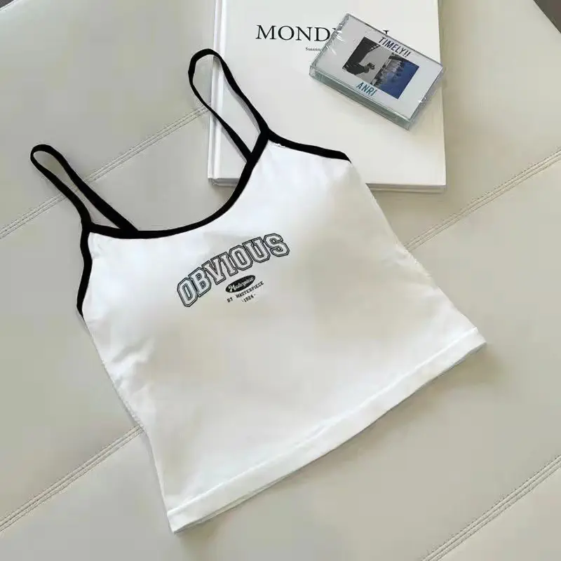 Women With Padded Bra Crop Tops O-neck Solid Crop Tops 2024 Summer Letter Printing Tops Spaghetti Camisole