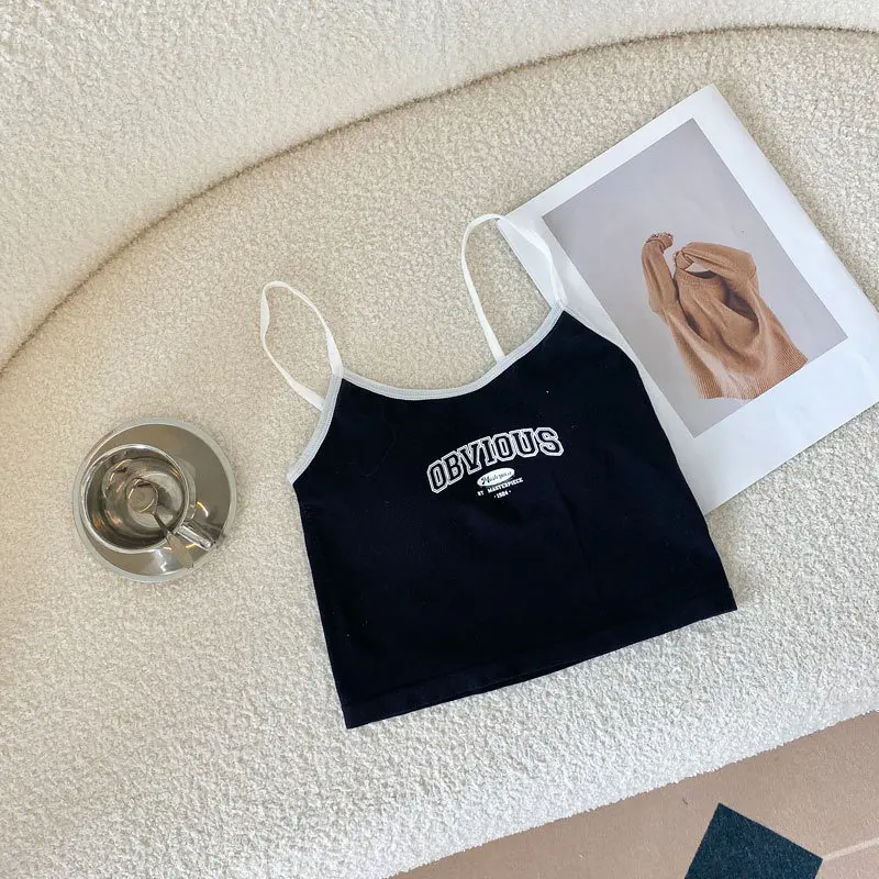 Women With Padded Bra Crop Tops O-neck Solid Crop Tops 2024 Summer Letter Printing Tops Spaghetti Camisole