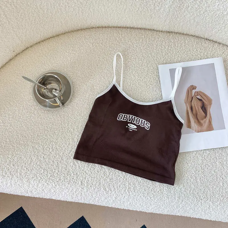 Women With Padded Bra Crop Tops O-neck Solid Crop Tops 2024 Summer Letter Printing Tops Spaghetti Camisole