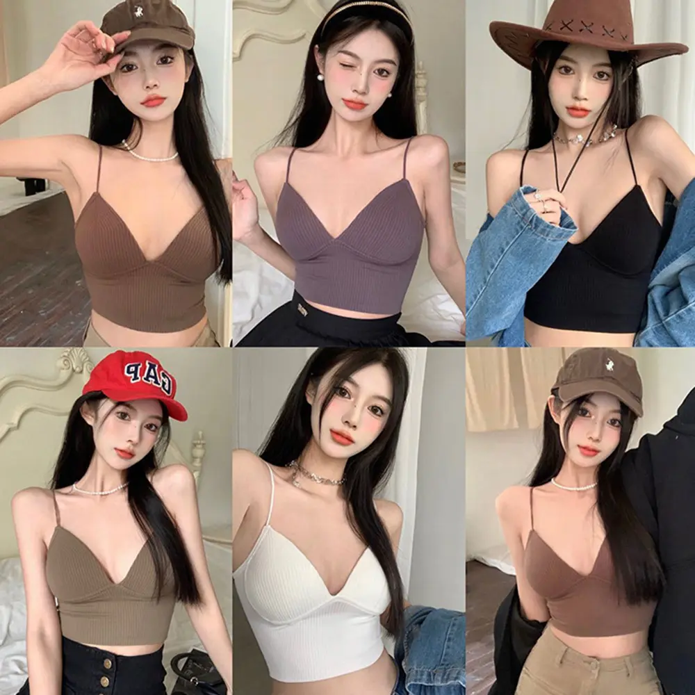 V-neck Women Crop Top Halter Summer Sexy Slim Backless Camisole Fashion Casual Female Sleeveless Cropped Vest Bra with Pad