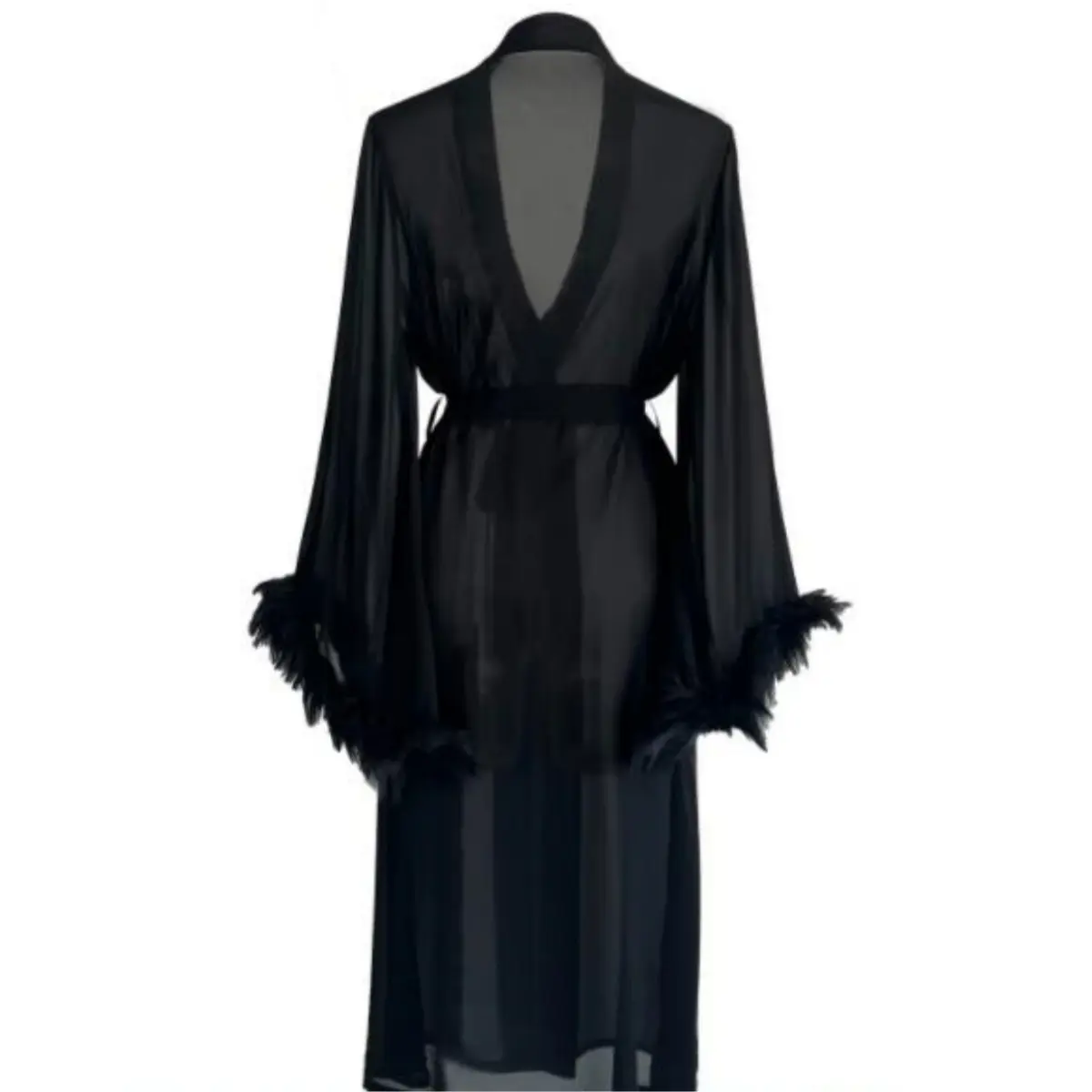 Women's Robe Simulation Silk Feather Long-Sleeved Pajamas Nightgown Robe Comfortable Straps Women's Homewear Sexy Lingerie