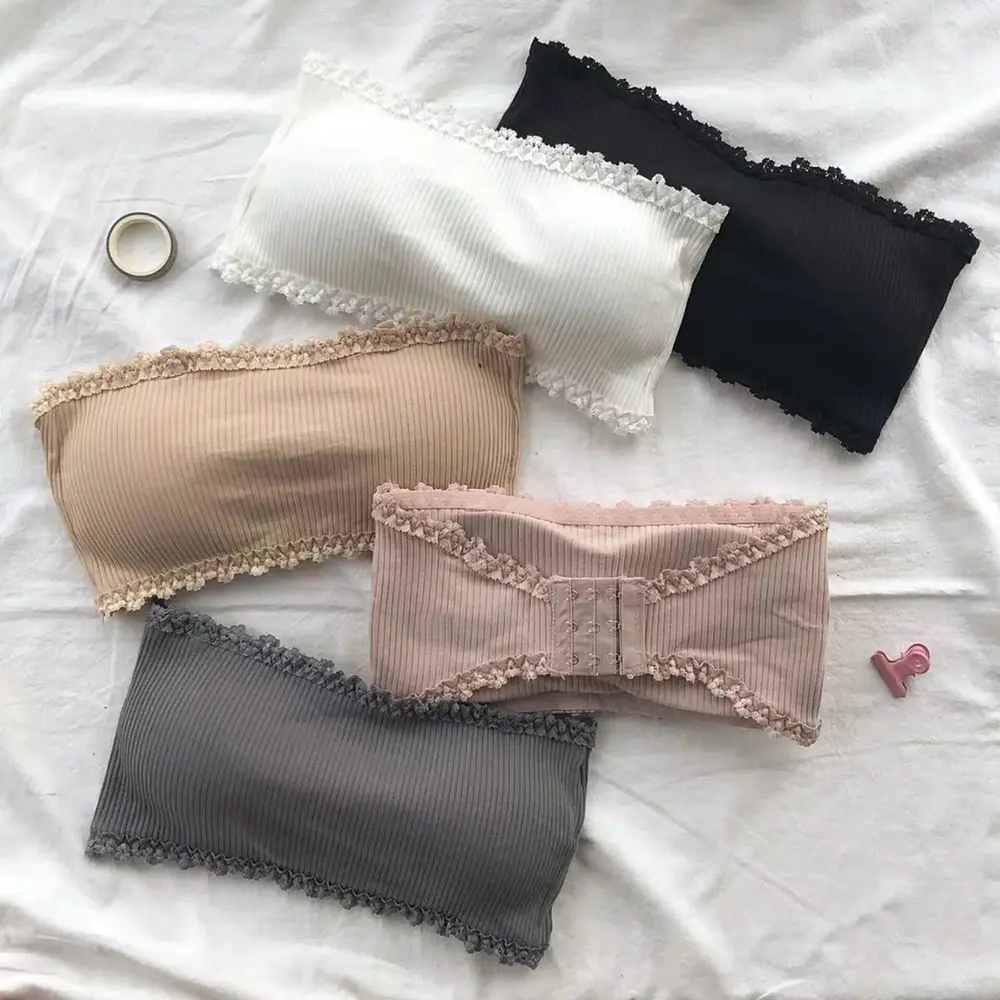 Fashion Vertical Striped Strapless Bra Women Lace Trim Invisible Gathering Bustier Sexy Beauty Back Female Lingerie