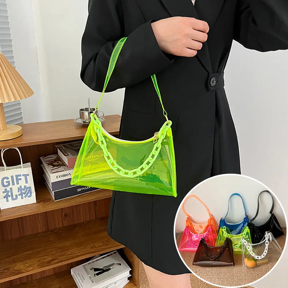2023 Fashion Pvc Jelly Shoulder Bag Ladies Candy Color Mini Satchel Acrylic Chain Bag Solid Color Transparent Underarm Phone Bag