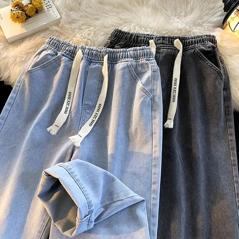 2024 Summer Straight Jeans Pants Men Loose Casual Light Color Ins Boys Pants Student Nine-minute Pants