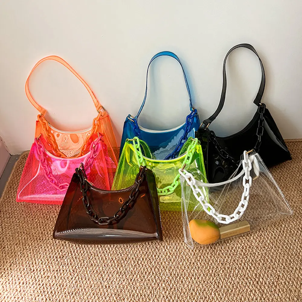 2023 Fashion Pvc Jelly Shoulder Bag Ladies Candy Color Mini Satchel Acrylic Chain Bag Solid Color Transparent Underarm Phone Bag