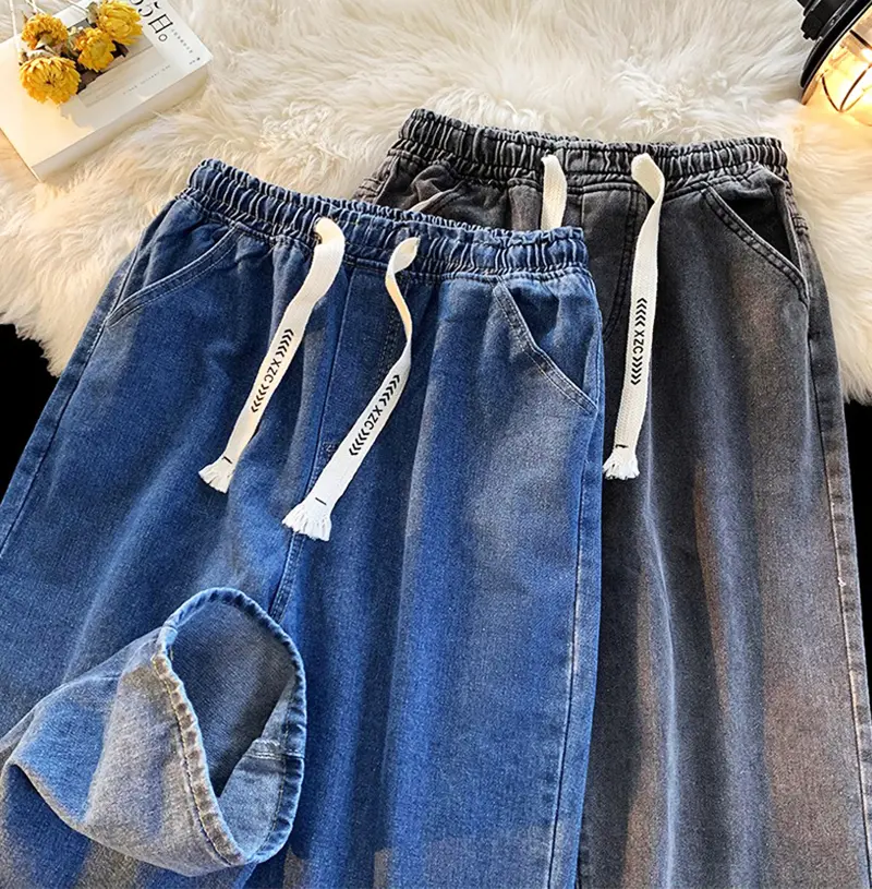 2024 Summer Straight Jeans Pants Men Loose Casual Light Color Ins Boys Pants Student Nine-minute Pants