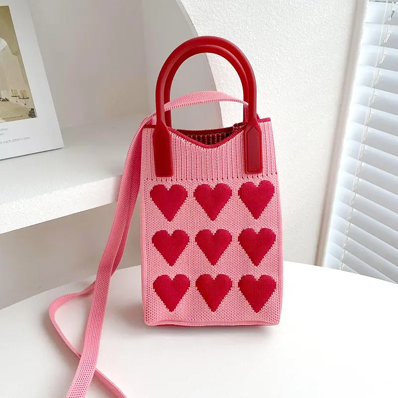 Fashion Love Knitted Handbag Mini Mobile Phone Shoulder Bag Versatile Woven Leisure Tote Reusable Shopping Bags Ladies Clutch