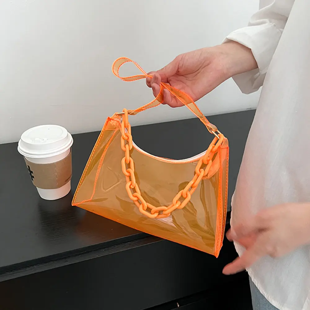 2023 Fashion Pvc Jelly Shoulder Bag Ladies Candy Color Mini Satchel Acrylic Chain Bag Solid Color Transparent Underarm Phone Bag