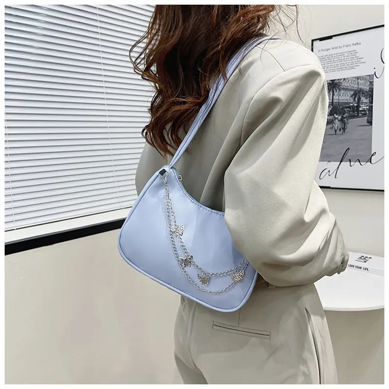 Fashion Women Small Shoulder Underarm Bag Ladies Vintage Butterfly Chain Pure Color Zipper Mini Purse Nylon Handbag Totes Bags
