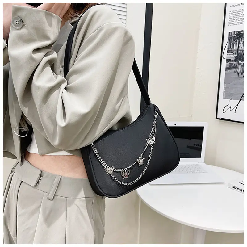 Fashion Women Small Shoulder Underarm Bag Ladies Vintage Butterfly Chain Pure Color Zipper Mini Purse Nylon Handbag Totes Bags