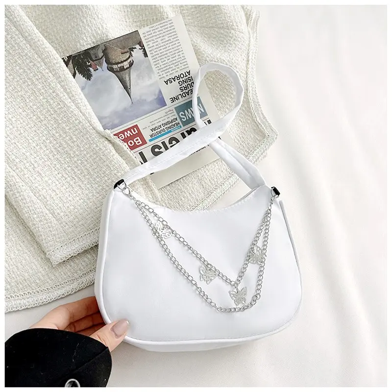 Fashion Women Small Shoulder Underarm Bag Ladies Vintage Butterfly Chain Pure Color Zipper Mini Purse Nylon Handbag Totes Bags