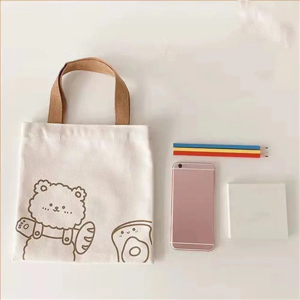 Women Little Canvas Handbag Cute Bear Small Simple Tote Cotton Cloth Bags Shopping Bag Lovely Decoration Purse
