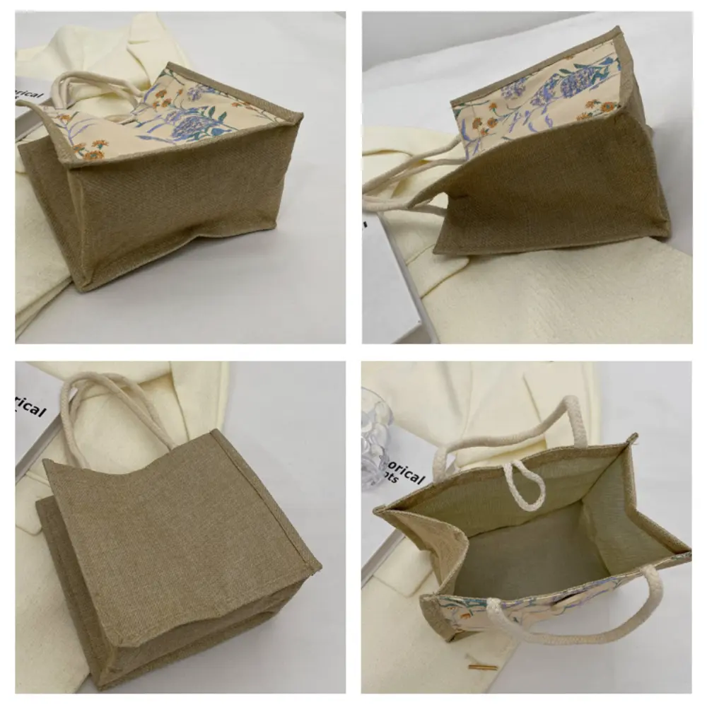 Linen Tote Bag Storage Bag Lunch Pouch Tote Bag Handbag Bento Bag Button Clasp Cute Flower Printing Picnic Food Bento Bag