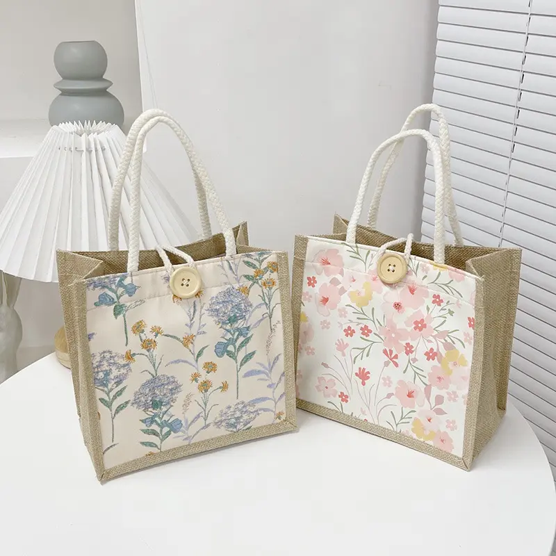 Linen Tote Bag Storage Bag Lunch Pouch Tote Bag Handbag Bento Bag Button Clasp Cute Flower Printing Picnic Food Bento Bag