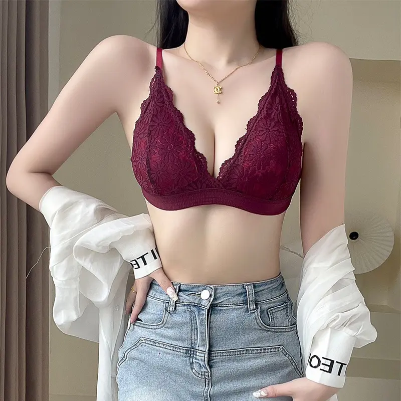 French Triangle Cup Bra Women's Lace Beautiful Back Bra No Steel Ring Women Sexy Deep V Gather Up Support Bra Underwear