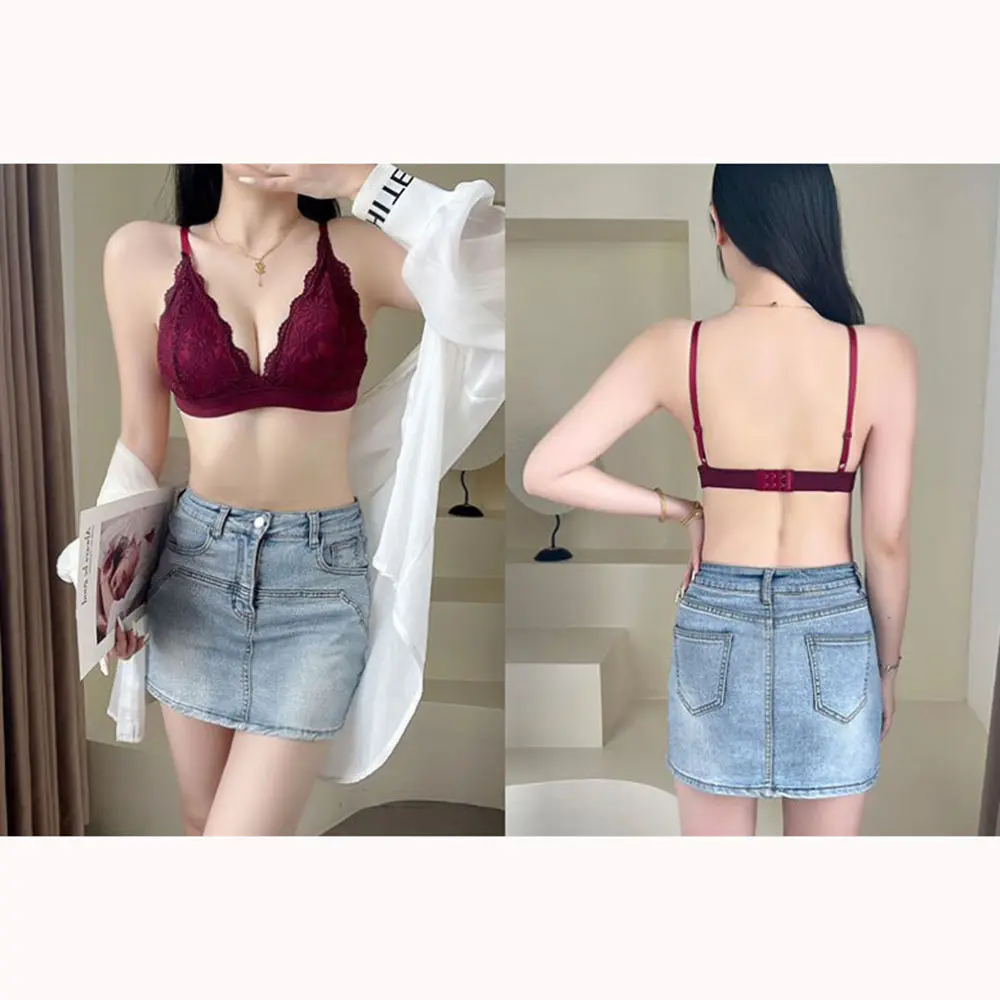 French Triangle Cup Bra Women's Lace Beautiful Back Bra No Steel Ring Women Sexy Deep V Gather Up Support Bra Underwear