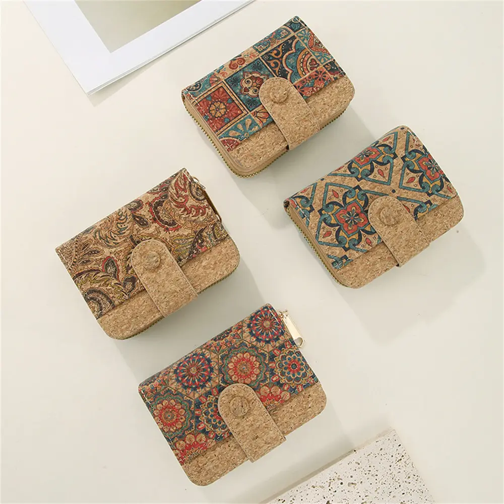 Retro Printed Women's Short Wallet Zipper Portable PU Leather Card Bag Multi functional Card Slot Women's Card Set Wallets