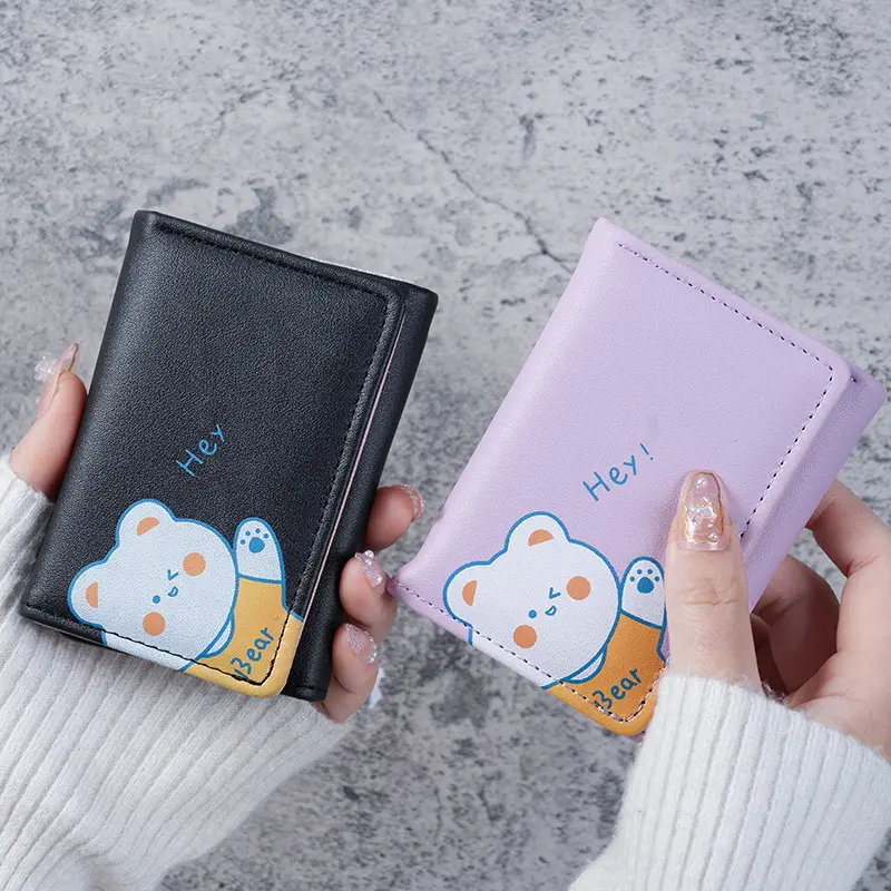 PU Leather Women Wallets Cute Bear Pattern Student Card Bag Girl Multi-card Slots Card Holder Cartoon Short Ladies Coin Purse