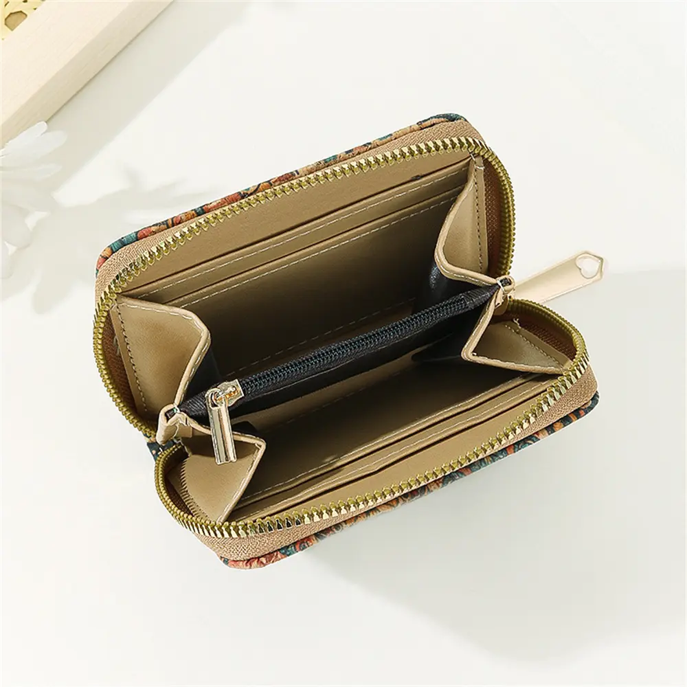 Retro Printed Women's Short Wallet Zipper Portable PU Leather Card Bag Multi functional Card Slot Women's Card Set Wallets