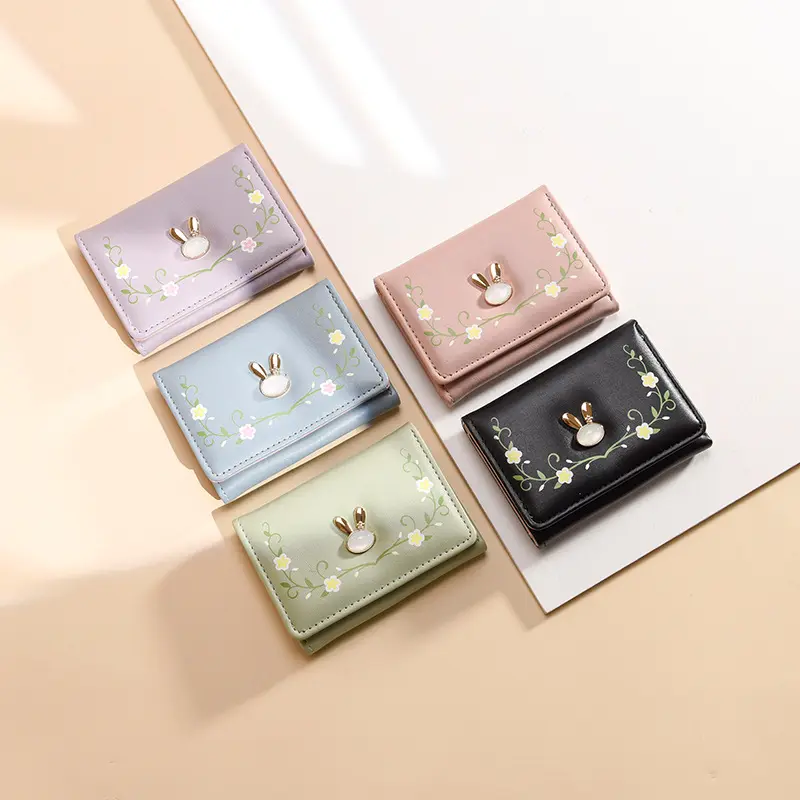 New Brand Cute Flowers Bunny Wallet Lady Folding Multi-card Slot Card Bag Cartoon Rabbit Three Fold Coin PurseStudent Money Clip