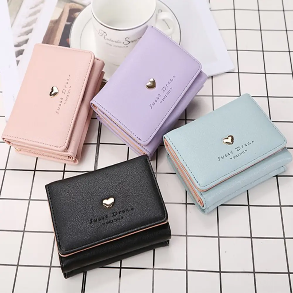 New Loving Heart Short Wallet Simple Buckle Women Wallet Small Foldable Coin Purse Multi-card Slot Card Holder Female Clutch Bag