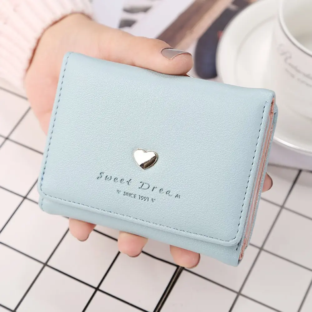 New Loving Heart Short Wallet Simple Buckle Women Wallet Small Foldable Coin Purse Multi-card Slot Card Holder Female Clutch Bag