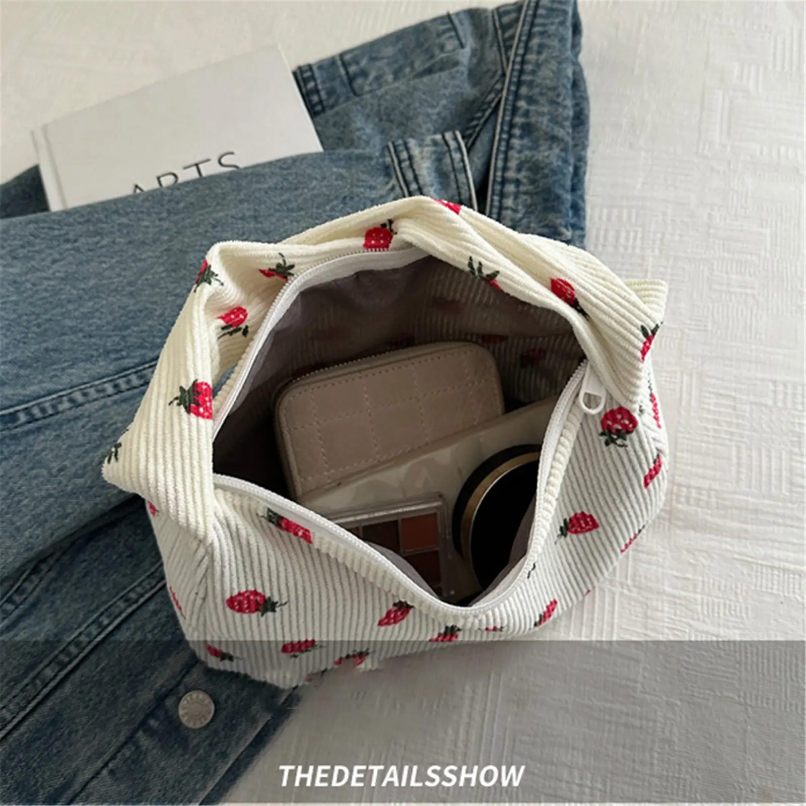 Women Small Corduroy Handbag Cute Strawberry Print Small Bag Underarm Bag Half Moon Design Eco Cloth Purse Mini Shoulder Bags