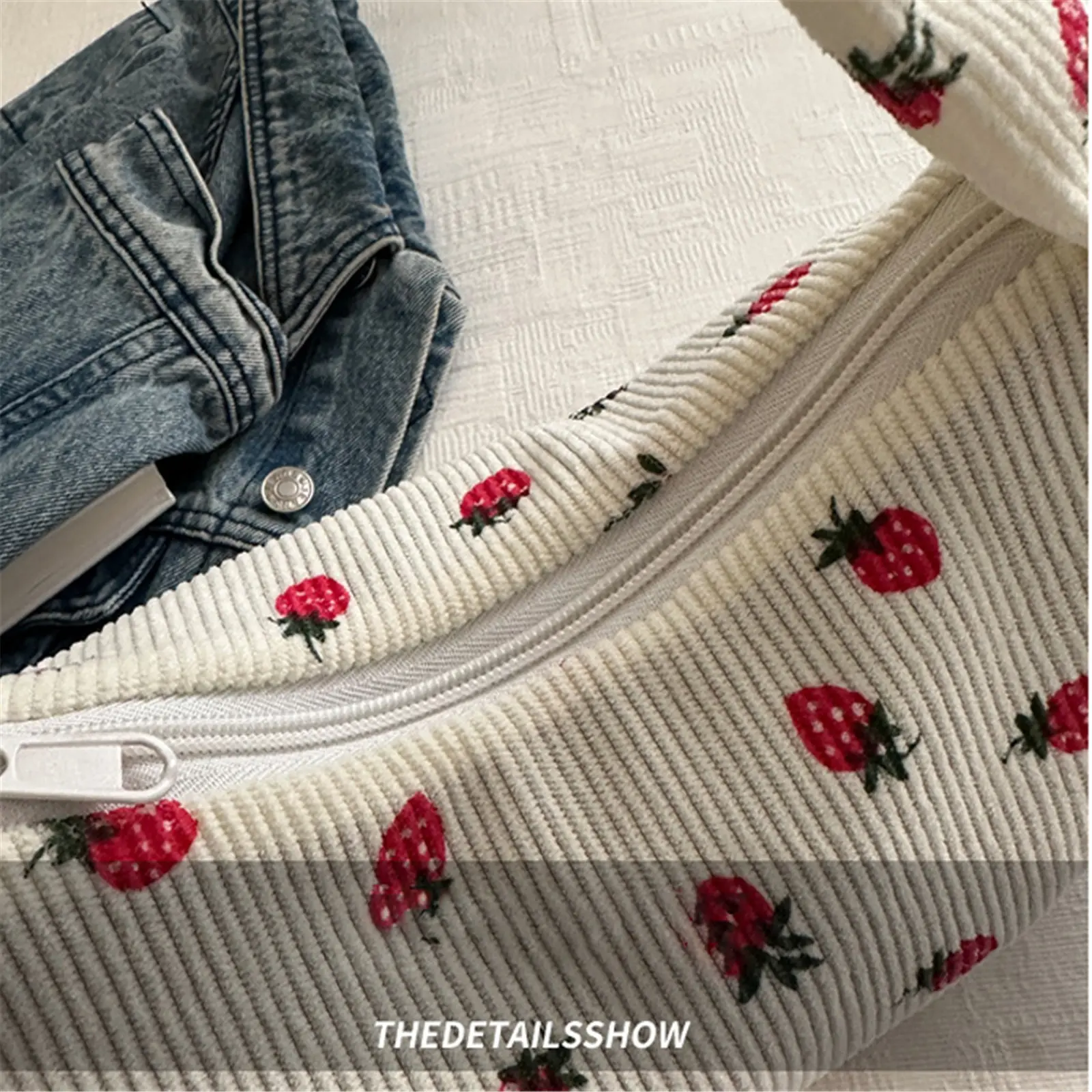 Women Small Corduroy Handbag Cute Strawberry Print Small Bag Underarm Bag Half Moon Design Eco Cloth Purse Mini Shoulder Bags