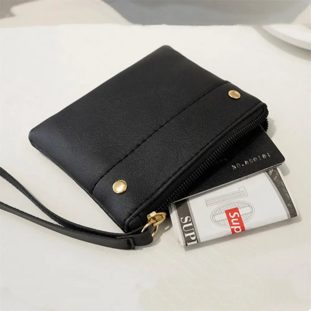 Women Short PU Leather Wallet Small Solid Color Coin Purses New Mini Key Pouch Fashion Credit Card Pouch with Wrist Strap